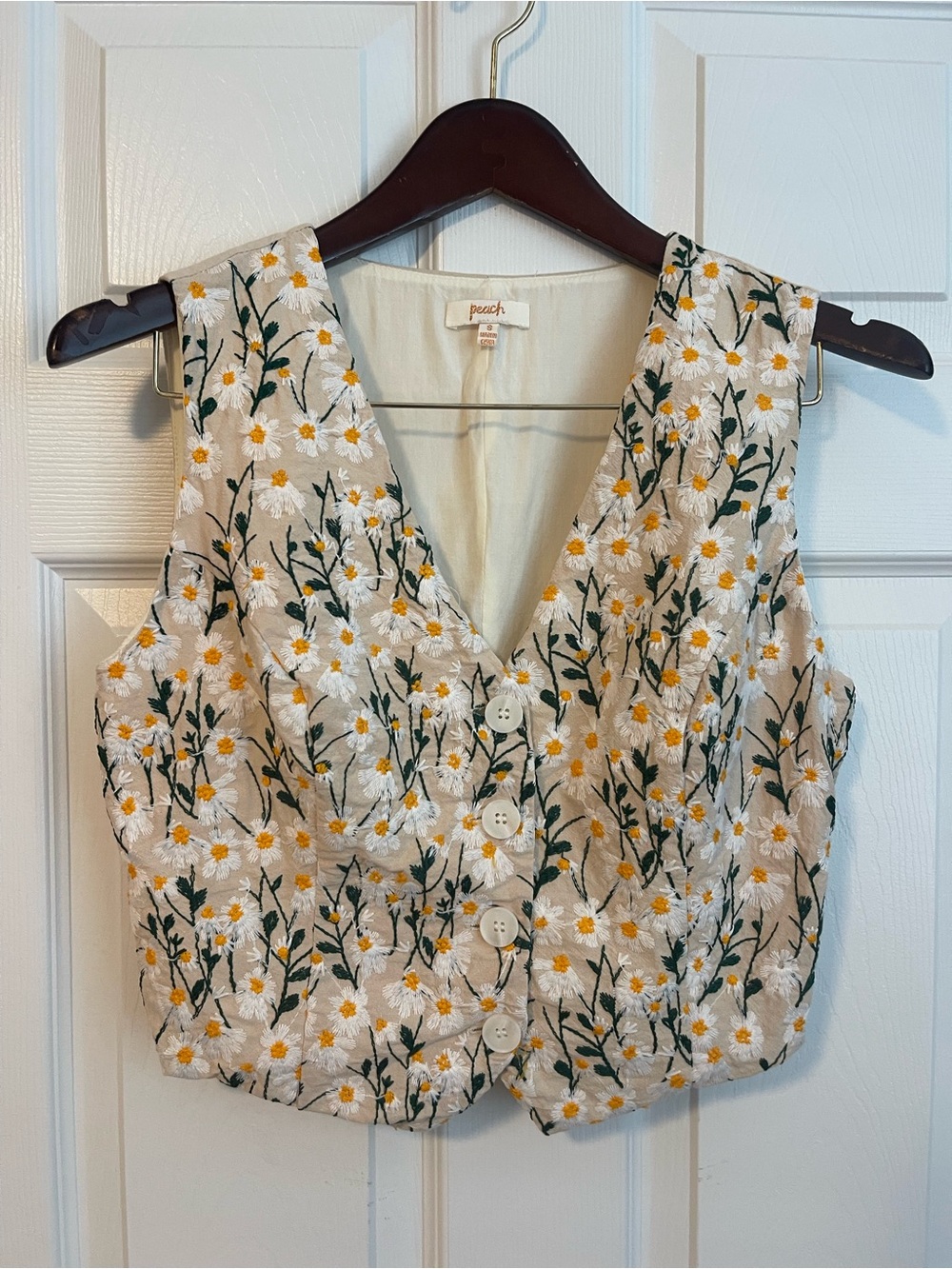 Peach Women's Cream Floral Embroidered Button Front Vest